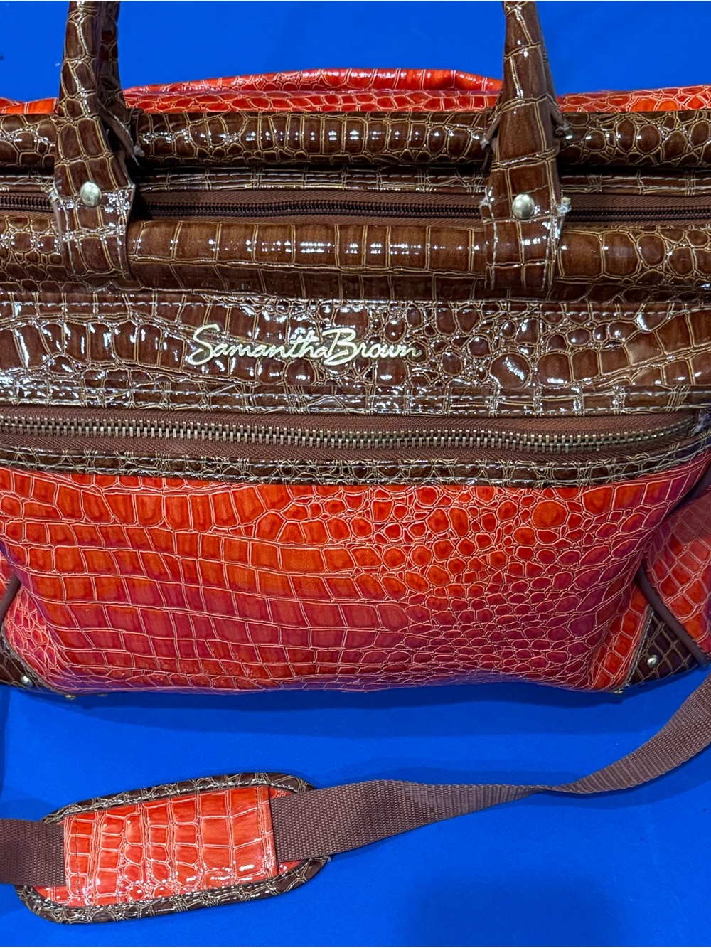 Samantha Brown Red and Brown Croc-Embossed Travel Bag